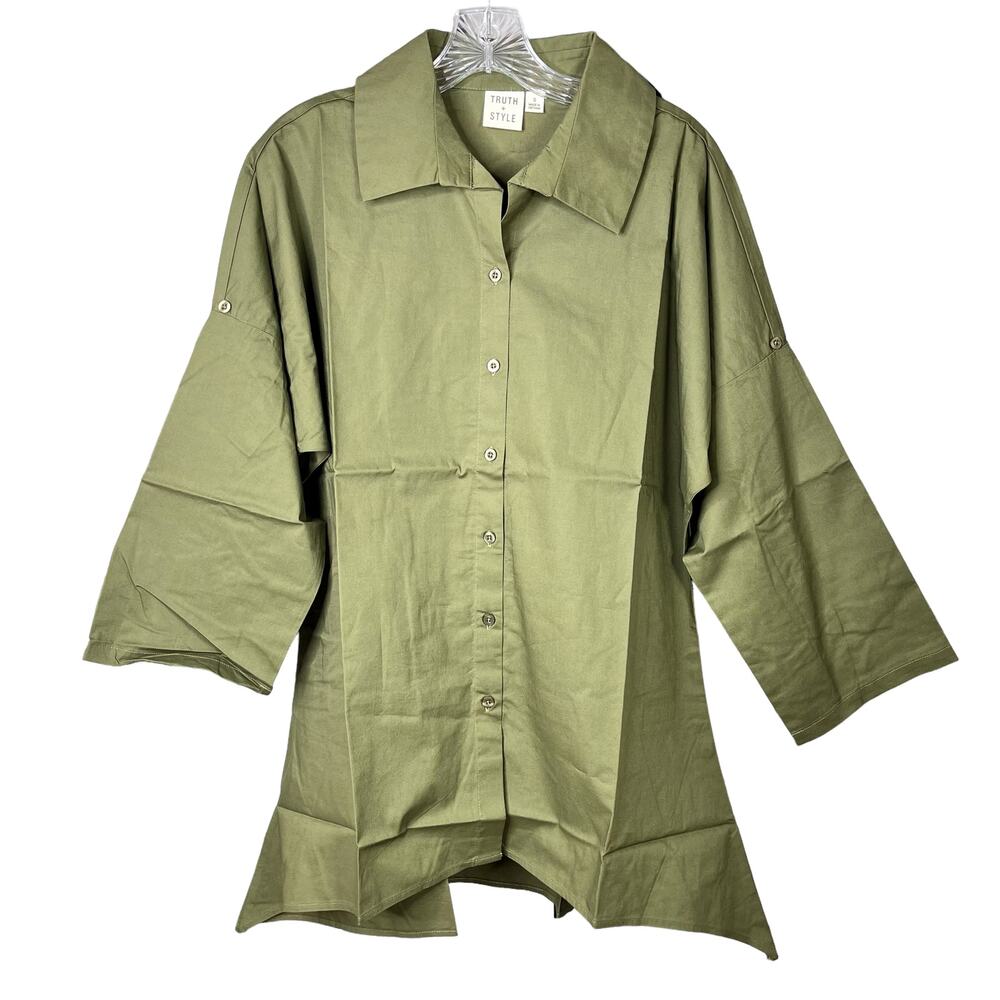 Truth + Style Woven Dolman Sleeve Green Button Shirt w/ Shark Bite Hem - Picture 8 of 8
